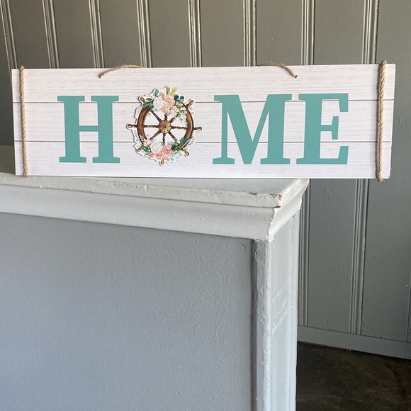 NWT- Horizontal HOME- Nautical Decoration Sign w/ Floral Ships Helm - Picture 10 of 14